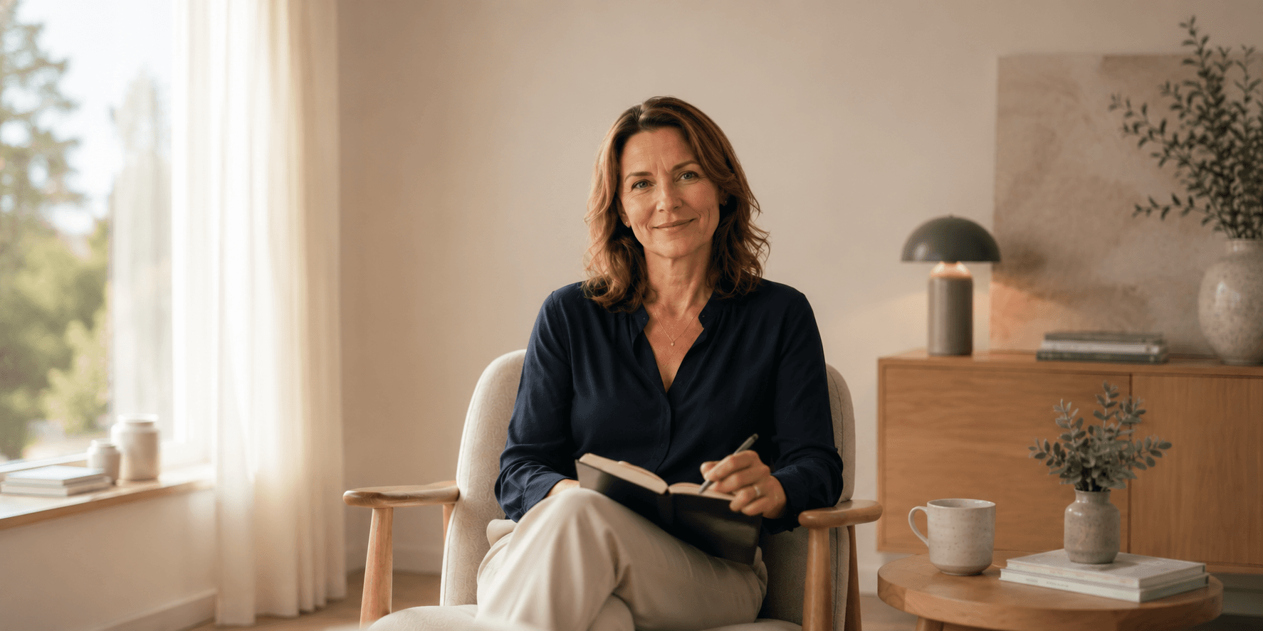 A woman in her 50s sitting calmly with a notebook in a warm, light-filled room