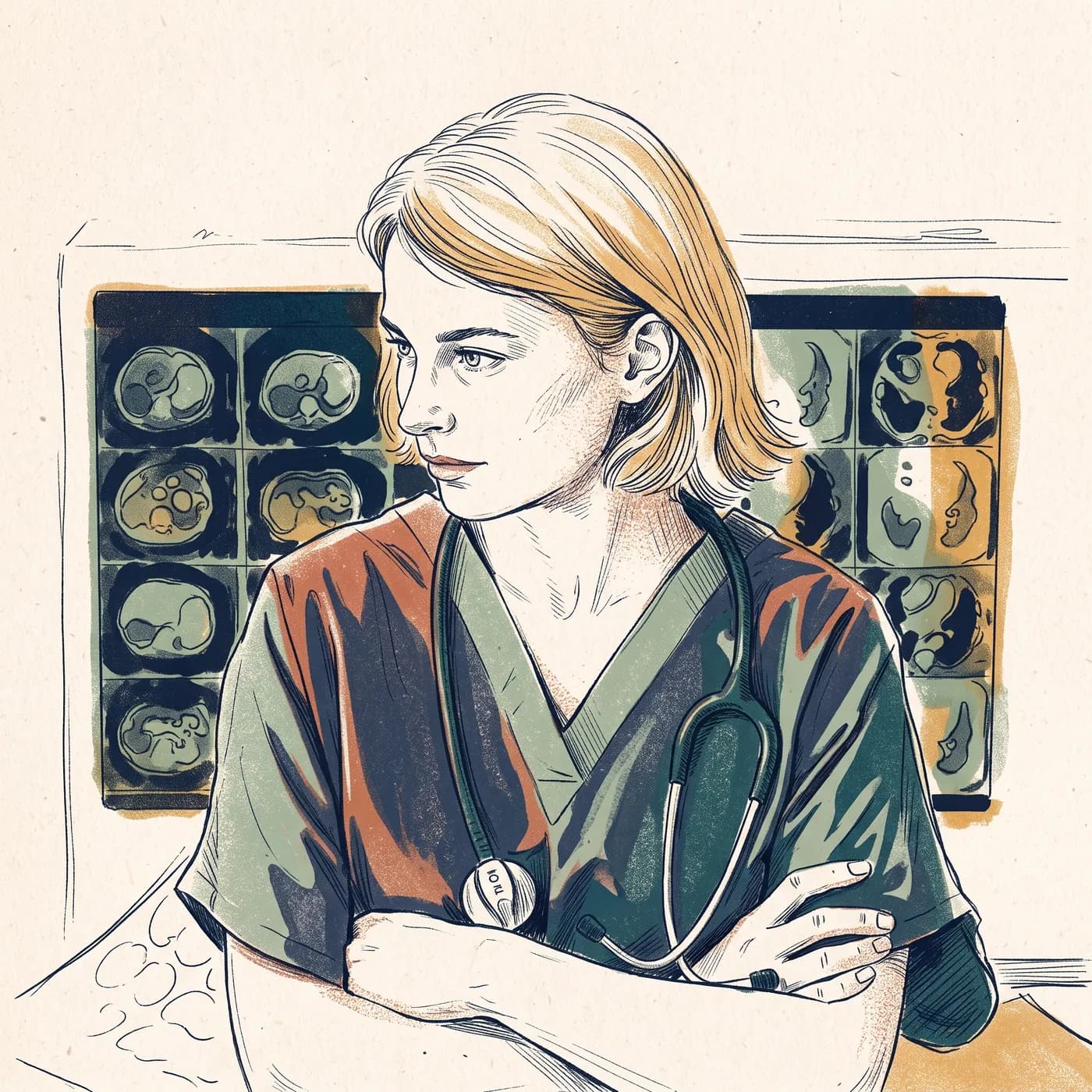 Illustration of a doctor in scrubs with a stethoscope, arms folded, in front of a wall of scans