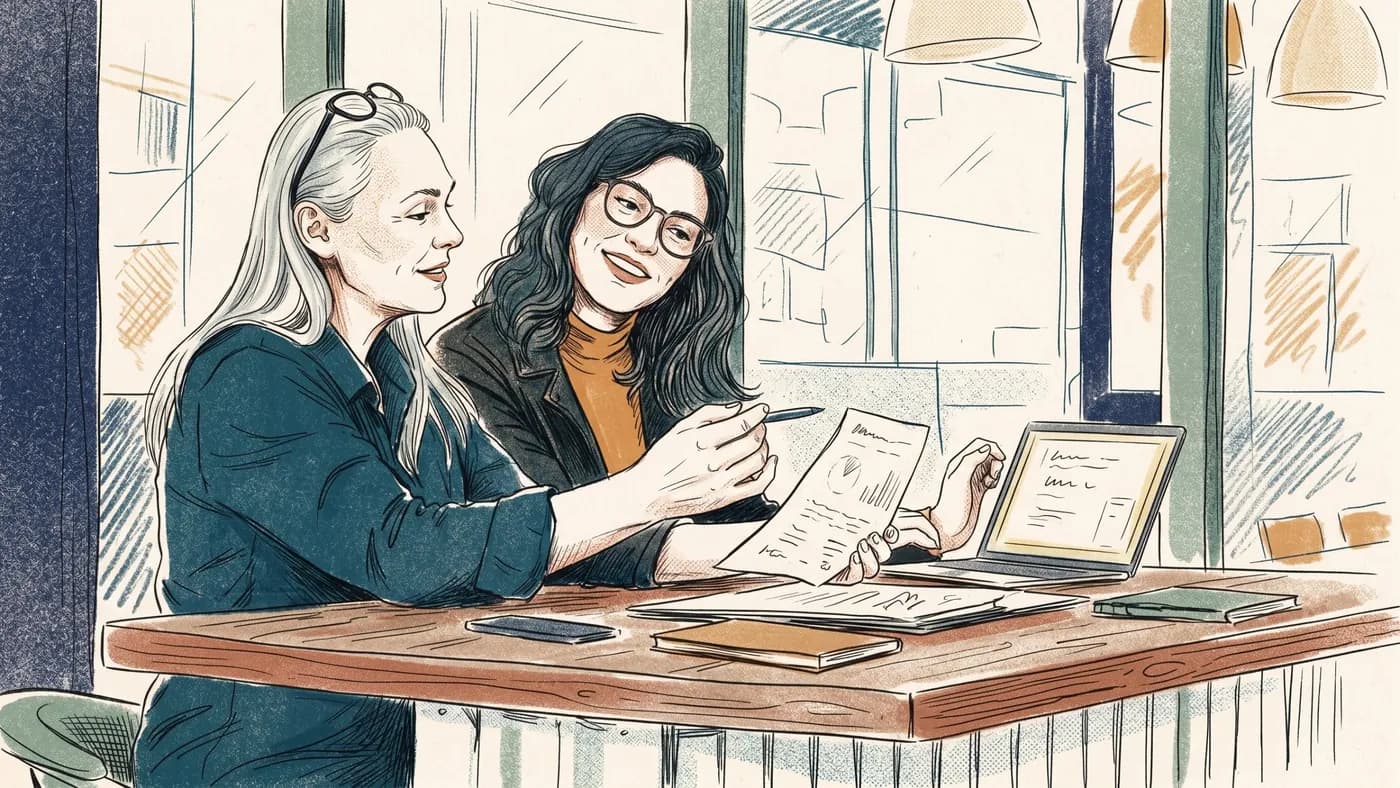 Illustration of two women at a table going through a document and a laptop together