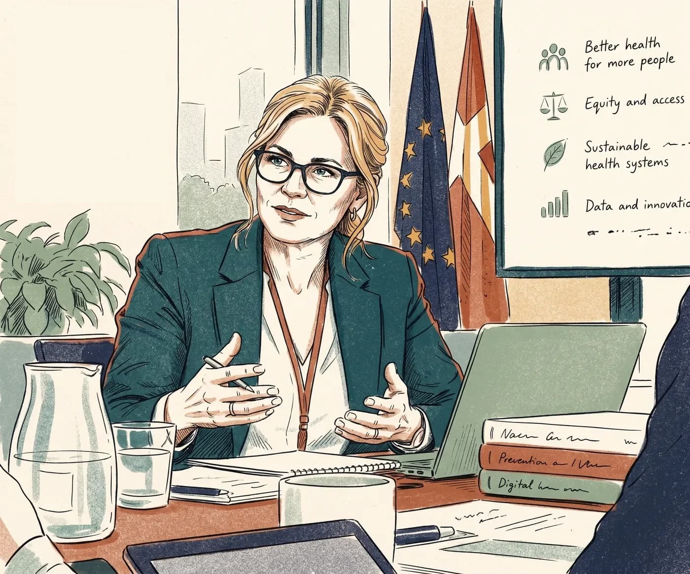 Illustration of a woman speaking in a public-sector meeting, with flags behind her