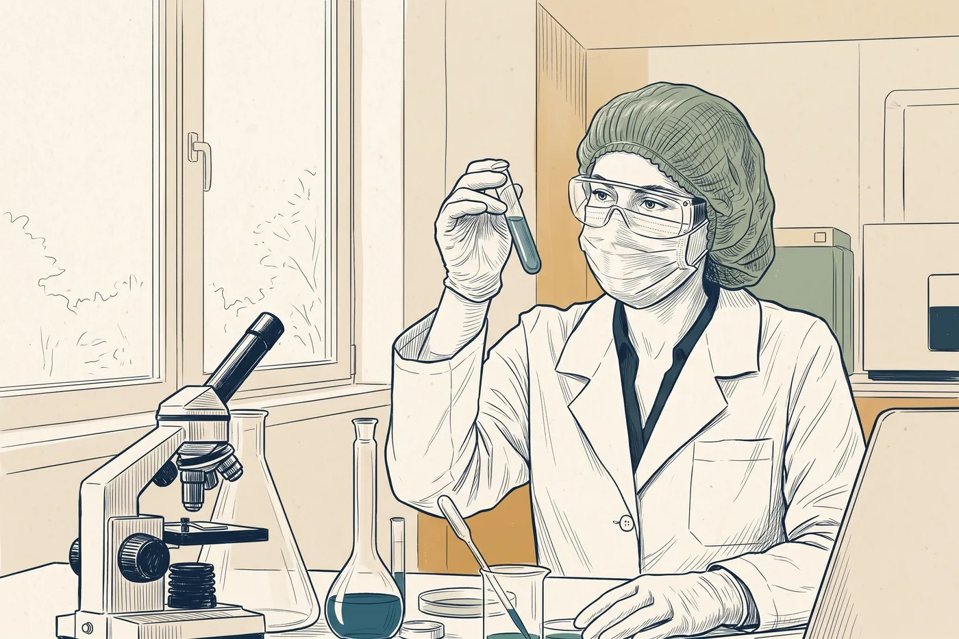 Illustration of a researcher in a lab coat, mask and hair net, holding up a test tube beside a microscope