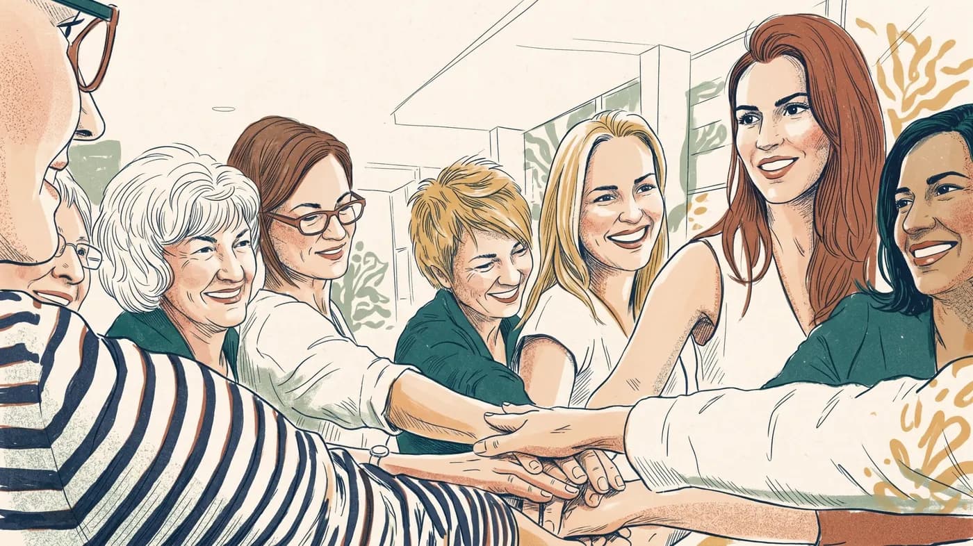 Illustration of women of different ages together, hands joined