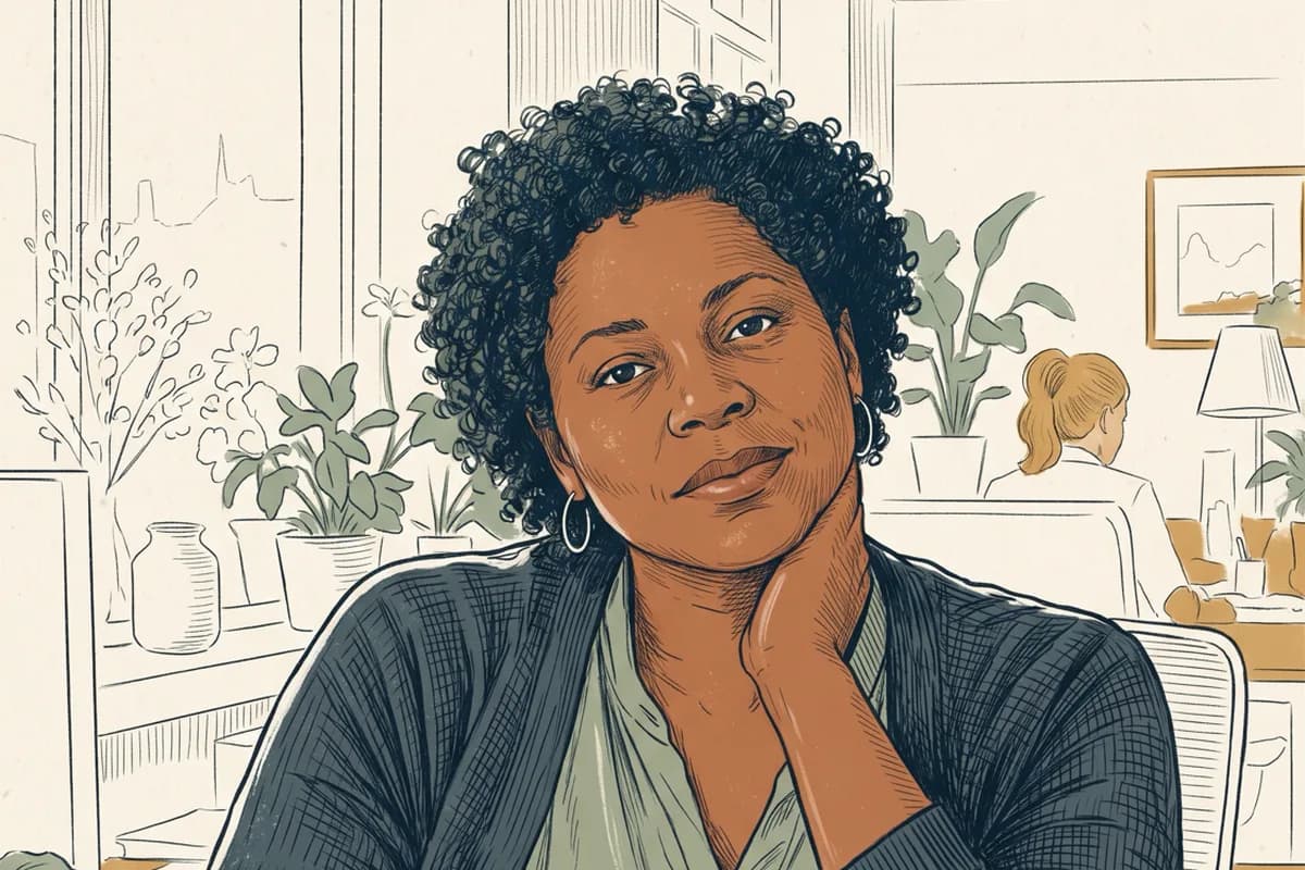 Illustration of Hanne, 52, sitting at a table with her chin resting on her hand