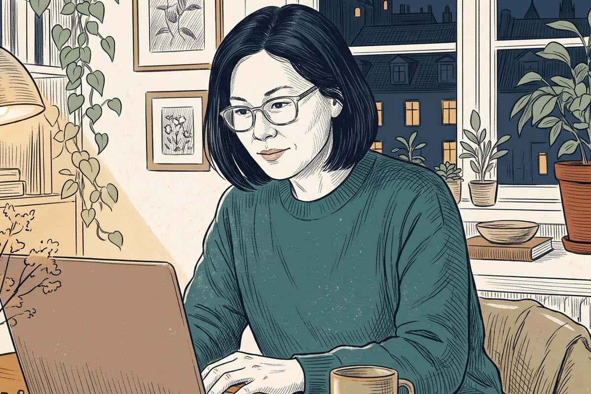 Illustration of Lene, 46, working at a laptop late in the evening, with a lamp on and dark windows behind her