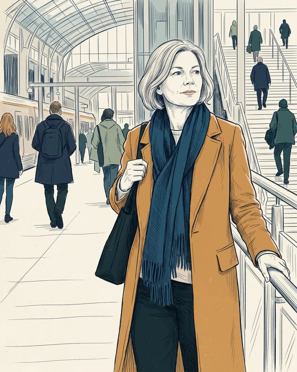 Illustration of Margrethe, 54, in a mustard coat at a busy station, by the stairs