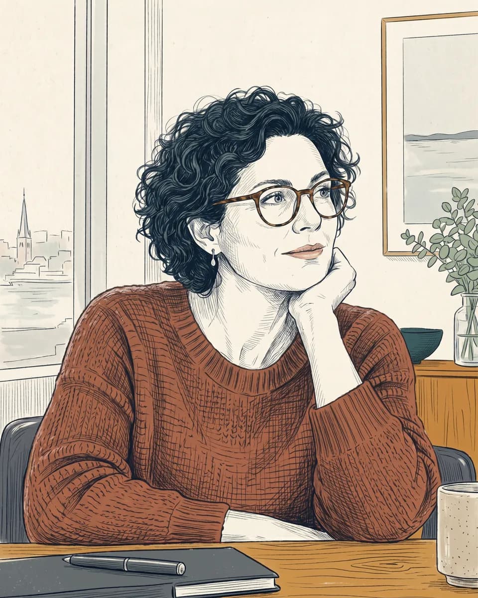 Illustration of Mette, 49, at a table with her chin on her hand, thinking